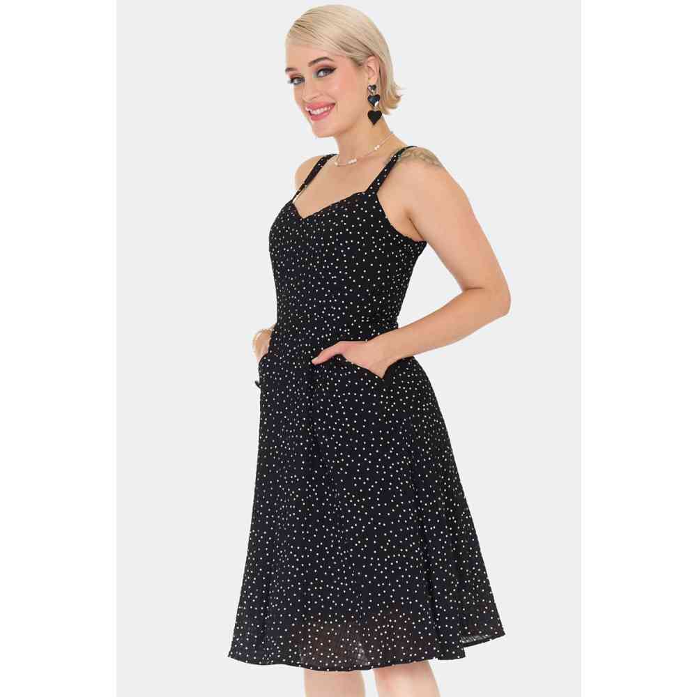 Voodoo Vixen - 50s Black Polka Dot Flare Kleid - Schwarz